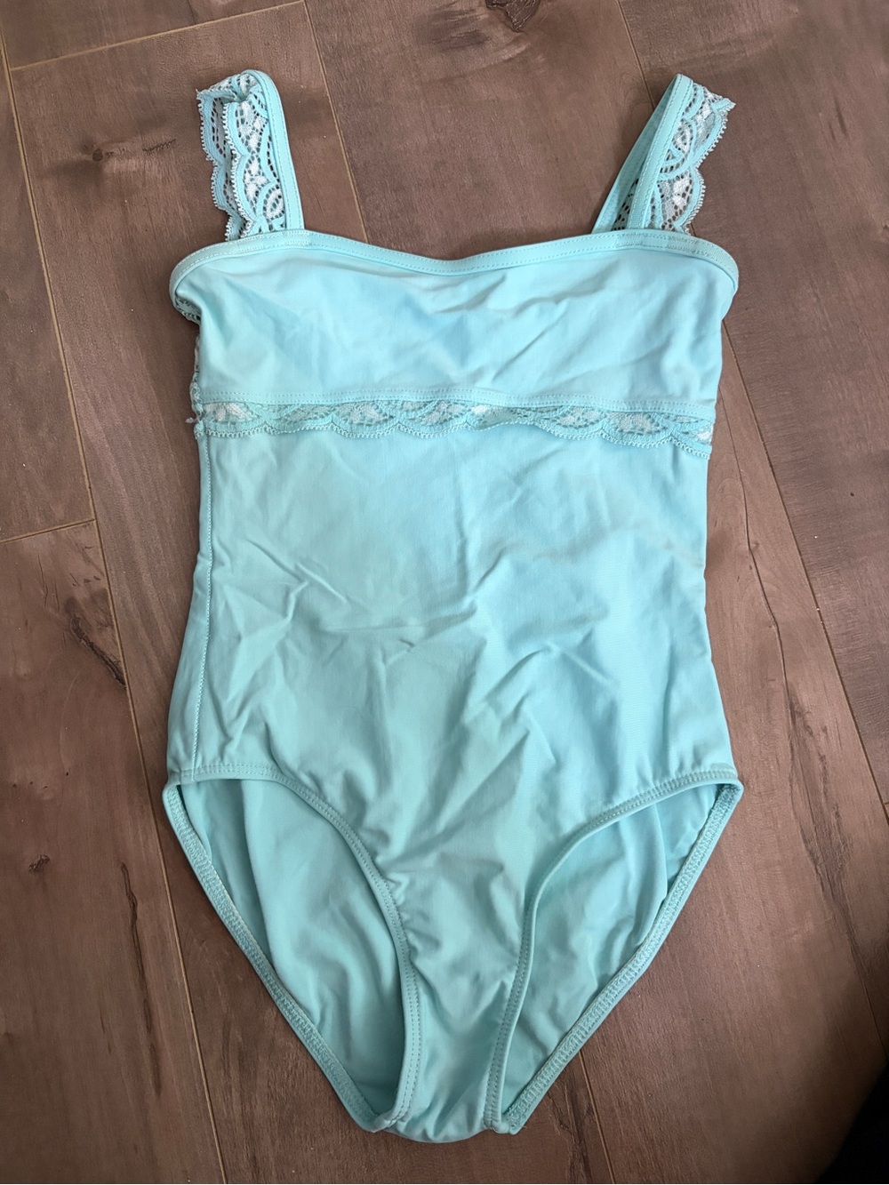 Girls Aqua Lace-Trim One-Piece leotard